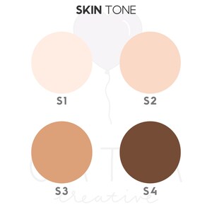 May include: Four circles showing different skin tones labeled S1, S2, S3, and S4. The circles are arranged in a square shape with the top two circles being lighter shades and the bottom two circles being darker shades.