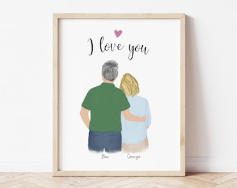 Personalized Couple Portrait, Anniversary Gift, Grandparents Art