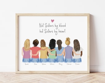 Personalized Framed Wall Art Best Friends, sisters illustration, BFF birthday gift,  Sorority portrait, 21 years old gift idea, bff gift