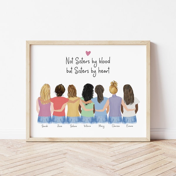 Personalized Framed Wall Art Best Friends, sisters illustration, BFF birthday gift,  Sorority portrait, 21 years old gift idea, bff gift