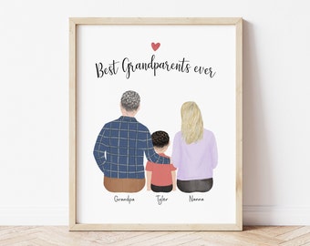 Customizable Framed Wall Art Grandparents and little boy, Mother's Day gift idea, Birthday Gift for Grandma and grandpa, Family portrait