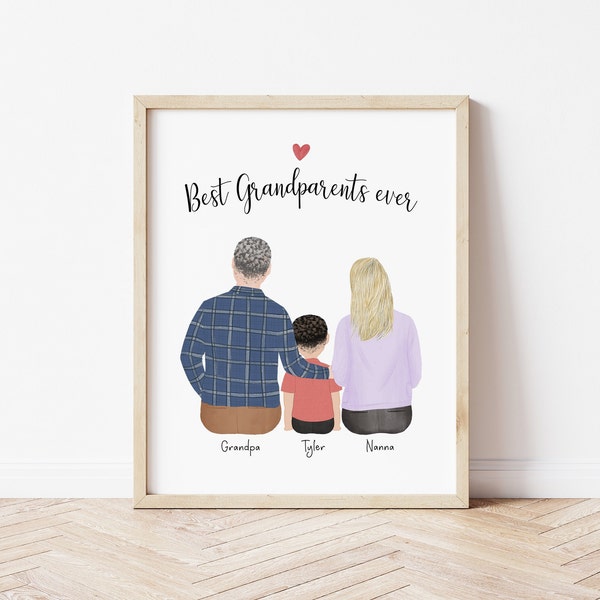 Customizable Framed Wall Art Grandparents and little boy, Mother's Day gift idea, Birthday Gift for Grandma and grandpa, Family portrait