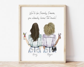 Personalized Framed Wall Art Best friends and drinks, sisters print art, birthday gift for roommates, BFF gift idea, 21 years old gift