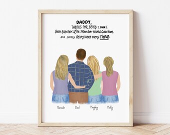Personalized Dad and Daughters Illustration, Father's Day Gift, Framed Wall Art
