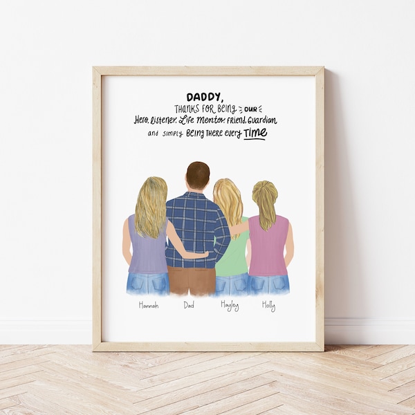 Personalized Framed Wall art Dad and daughters, customizable illustration for dad, Father's Day gift, grandpa print art, dad birthday gift