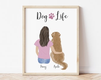 Cadeau d'anniversaire de chien, de fille et d'animal de compagnie d'art mural encadré personnalisé, art d'impression de chien personnalisable, idée de cadeau d'amis pour elle, maman et chien