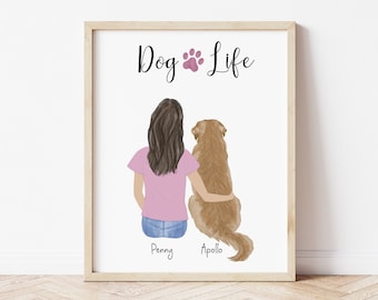 Cadeau d'anniversaire de chien, de fille et d'animal de compagnie d'art mural encadré personnalisé, art d'impression de chien personnalisable, idée de cadeau d'amis pour elle, maman et chien