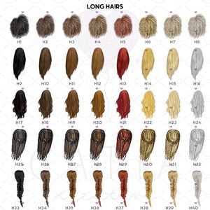 May include: A chart of 40 different long hairstyles for women. The hairstyles are arranged in four rows of ten, with each hairstyle labeled with a number from H1 to H40.