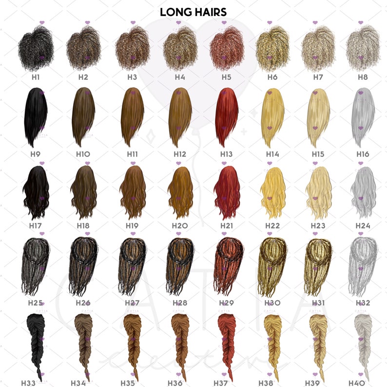 May include: A chart of 40 different long hairstyles for women. The hairstyles are arranged in four rows of ten, with each hairstyle labeled with a number from H1 to H40.