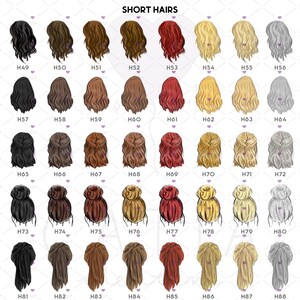 May include: A chart of 36 different short hairstyles for women. The hairstyles are arranged in rows and columns, and each hairstyle is labeled with a number. The hairstyles are all different colors, including black, brown, blonde, red, and gray.