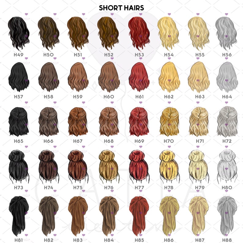 May include: A chart of 36 different short hairstyles for women. The hairstyles are arranged in rows and columns, and each hairstyle is labeled with a number. The hairstyles are all different colors, including black, brown, blonde, red, and gray.
