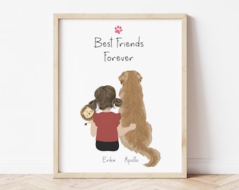 Personalized Framed Wall Art toddler and dog, girl print art, customizable gift for toddler, birthday gift for daughter, girl with her dog