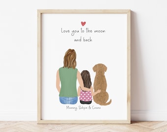 Personalized Framed Wall Art Mom daughter dog, Mother's day gift idea, family portrait, toddler with pet, birthday gift, aunt present idea