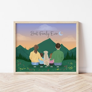 Personalized Framed Wall art Family with dog and toddler, birthday gift idea for her, Mom Dad kids print, customizable mountain house art