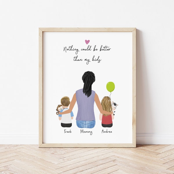 Personalized Framed Wall Art for Mom and kids, Mother's Day gift idea, Customizable Mom print, Birthday gift, Family Portrait, siblings art