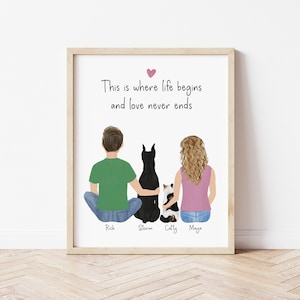 Customizable Framed Wall Art Couple and dog, Mother&#39;s Day gift, Personalized Family dog portrait, dad pet illustration, birthday gift idea