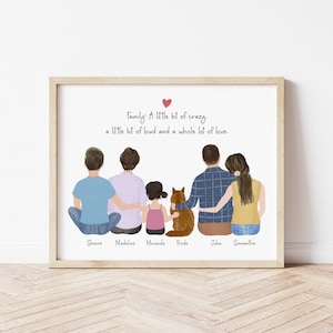 Personalized Framed Wall art Family and cat, Mother's day gift idea, art with pets and kids, customizable illustration, family pet portrait