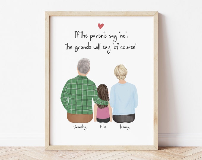 Customizable Framed Wall Art Grandparents and little girl, Mother's Day gift idea, Birthday Gift for Grandma and grandpa, Family portrait