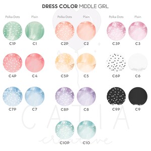 May include: A chart with 10 different color options for a dress. Each color is shown in two versions: plain and with white polka dots. The chart is labeled "DRESS COLOR MIDDLE GIRL".
