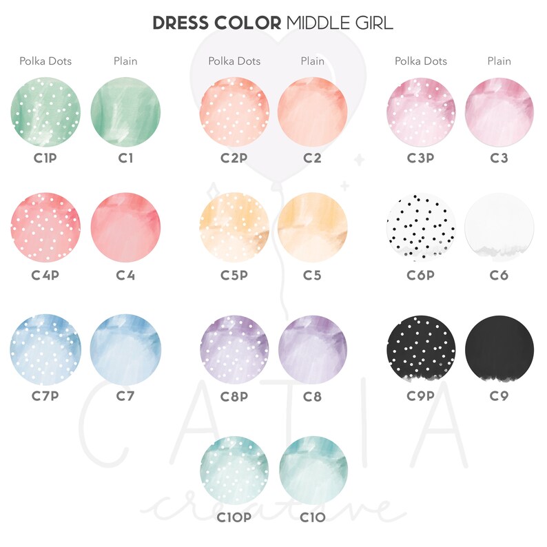 May include: A chart with 10 different color options for a dress. Each color is shown in two versions: plain and with white polka dots. The chart is labeled "DRESS COLOR MIDDLE GIRL".