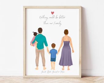 May include: A printable art print with a hand-drawn illustration of a family of four. The family is standing with their backs to the viewer, holding hands. The text "Nothing could be better than our family" is written above the illustration. The text "Sarah, Dad, Samuel & Mom" is written below the illustration.