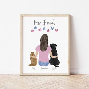 Personalized Framed Wall Art for Girl dog cat, Birthday gift for daughter, gift for mom, Customizable art Cat and dog, family pet portrait