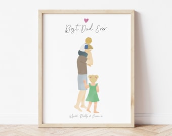 Personalized Framed Wall Art Father and kids, Father's day gift, birthday gift for dad, dad and toddlers portrait, customizable gift for dad
