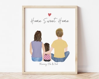 May include: A digital illustration of a family of three, a mom, dad, and a little girl, sitting with their backs to the viewer. The family is sitting on a white background with the text "Home Sweet Home" above them. The text "Mommy, Ella & Dad" is below them.