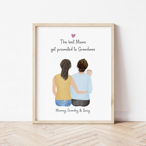 Personalized Framed Wall Art 3 generations, Mother&#39;s Day gift idea, grandmother and baby print, customizable baby with mother illustration