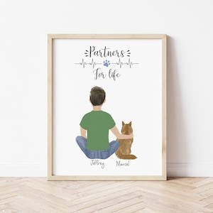 Personalized Framed Wall Art Cat and Man, Gift for him from girlfriend, birthday gift for son, customizable cat print art, man and pet art