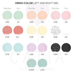 May include: A chart with 10 different color options for a dress. The colors are displayed in two columns, with the left column showing the color with polka dots and the right column showing the plain color. The colors include light green, peach, pink, red, yellow, black, light blue, lavender, and mint green.