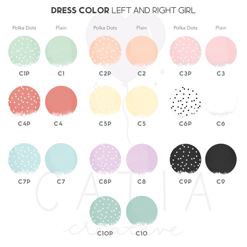 May include: A chart with 10 different color options for a dress. The colors are displayed in two columns, with the left column showing the color with polka dots and the right column showing the plain color. The colors include light green, peach, pink, red, yellow, black, light blue, lavender, and mint green.