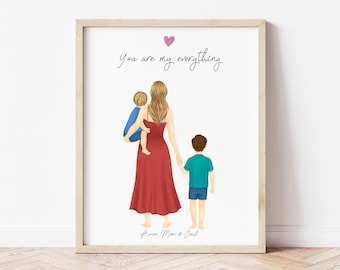 Personalized Framed Wall Art Mother and sons, birthday gift for mom, Mother's day gift idea, family portrait, customizable gift for mom