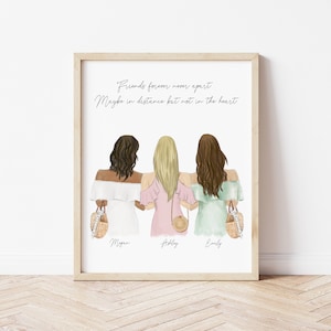 May include: A framed illustration of three women standing back to back with their hair down. They are wearing summer dresses and carrying straw bags. The text "Friends forever never apart Maybe in distance but not in the heart" is at the top of the image. The names "Megan", "Ashley", and "Emily" are written below the women.