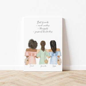 May include: Illustration of three friends standing together, wearing summer dresses and holding straw bags. The text reads "Best friends - mind-readers - therapists - personal bartenders". The names Janet, Samantha, and Tyler are written below the friends.