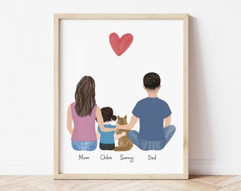 Personalized Framed Wall Art Family with cat, Mother's Day gift idea, Family portrait, birthday gift idea, customizable print with pet