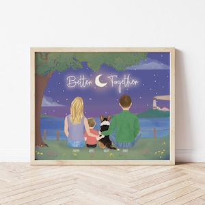 Personalized Framed Wall art Family with dog and toddler, birthday gift idea for her, Mom Dad kids print art, customizable lake house art