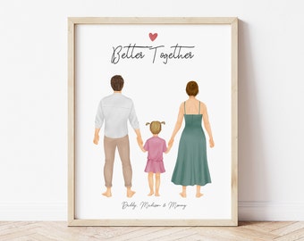 Personalisierte gerahmte Wandkunst für Papa Mama und Tochter, Mama und Papa Druck, Geschenkidee zum Muttertag, Familien Porträt, Mama Geburtstagsgeschenk