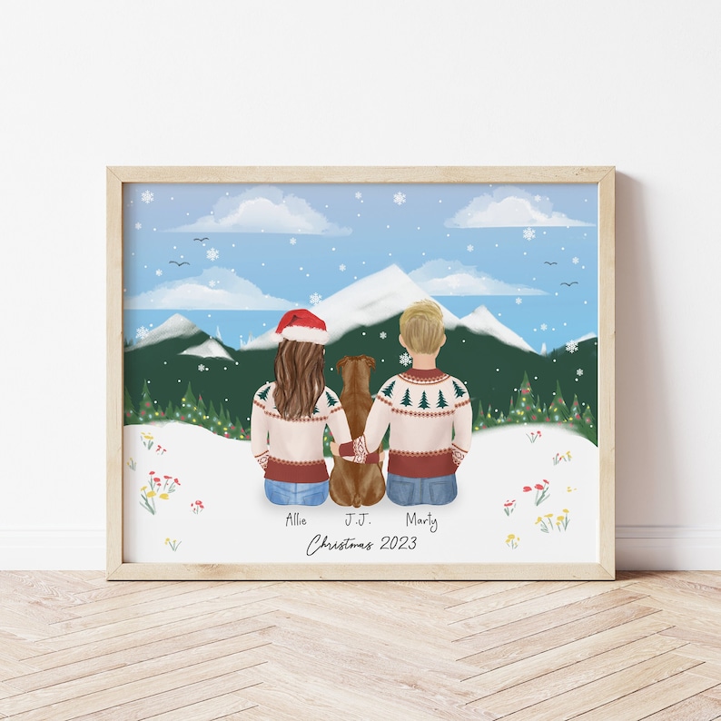 Personalized Framed Wall Art for Couples, Christmas gift idea, Gift for her, Xmas family portrait, Pet christmas portrait, Couples art image 1