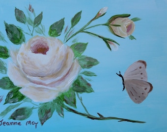 Yellow Rose with bud and Butterfly, Original Art, Floral, Acrylic Painting