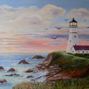 Lighthouse Sunset Coastal Seascape Art Print from Original Art 11&quot; x 14&quot;