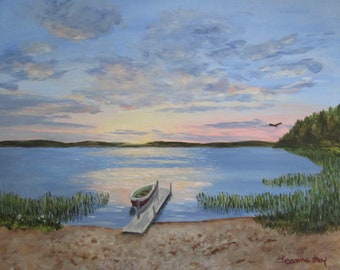 Lake Sunset with Boat Original Art