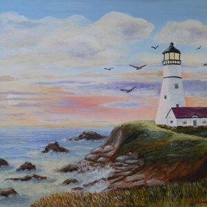 Lighthouse Sunset Coastal Seascape Art Print from Original Art 16&quot; x 20&quot;