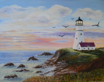 Lighthouse Sunset Coastal Seascape Art Print from Original Art 16" x 20"