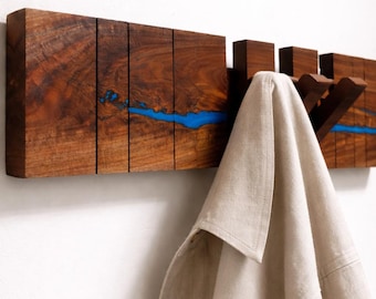 Designer Wall Coat Rack Black Walnut Wood Hanger For Modern Luxury Entryway Foldable Hook Organizer For Hallway Navy Blue Home Accent Decor