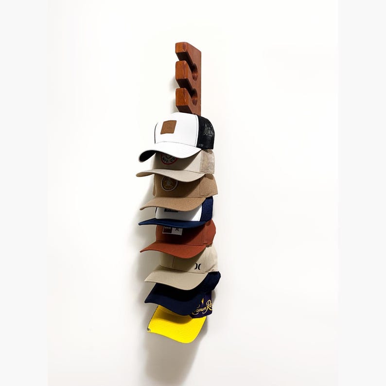 Baseball Cap Holder Wall Mount Wooden Hat Rack Organizer For Men Golf Cap Storage Display Solid Cedar Wood Handmade Vancouver Canada Gift For Husband Birthday Christmas Present Entryway Organization System Vertical Display Multiple Hook