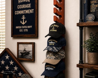 Military Hat Collector Gift Navy Cap Holder Wall Hat Display Rack Veteran Gift For Men Closet Organizer Baseball Cap Storage Cedar Wood Hook