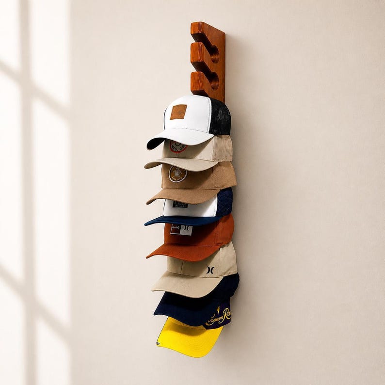 Wooden Hat Rack Wall Mount Baseball Cap Holder Organizer Gift For Men Solid Cedar Wood Construction Handmade Vancouver Canada Perfect Husband Birthday Christmas Present Entryway Storage Solution Golf Cap Display Vertical Hook System
