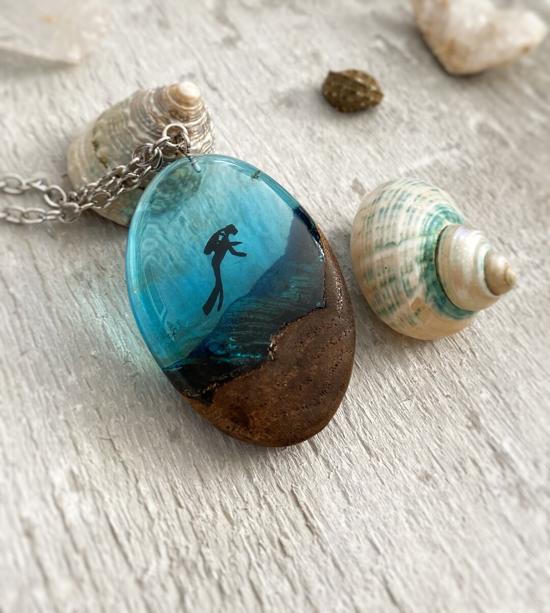 Scuba Necklace Gift for Him Wood Resin Diver Pendant Scuba Etsy UK