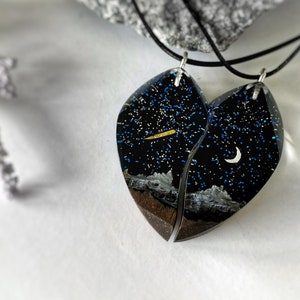 RESTOCKED, Couples Necklace, Unique Matching Necklaces For Couples, 2 Piece Moon Star Black Necklace Pendant, Partner Paired Necklaces Gift